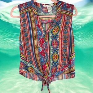American Rag Colorful Sleeveless Boho Print Button Up Tie Front Peasant Sm Top